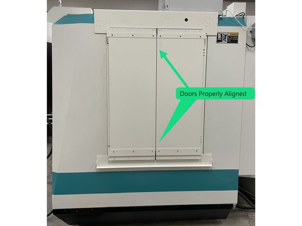 Close both doors all the way and look at how they hang. If there is a larger gap between the doors on either the top or bottom you will need to loosen the door to weldment hardware and adjust one or both of the doors to get them to hang parallel to each other while trying to maintain the height adjustment in the previous step.