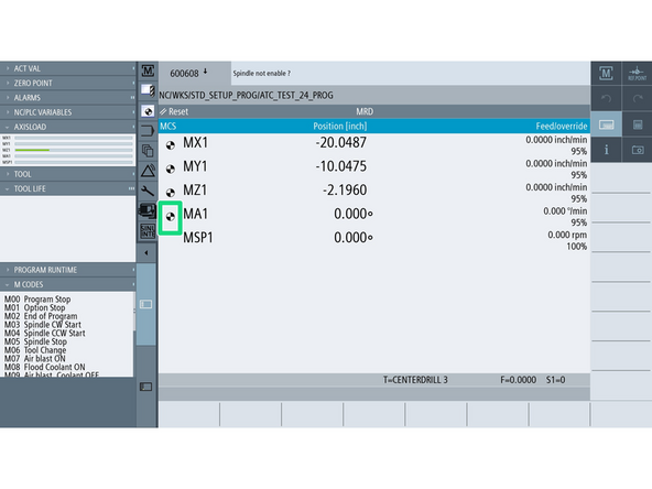 Going back to Machine [M] screen should show the circle next to MA1, confirming that the axis has been referenced succesffully