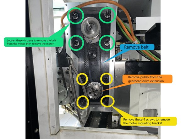 Loosen the screws circled in green to loosen and remove the belt. Once the belt is removed, remove the screws to remove the motor.