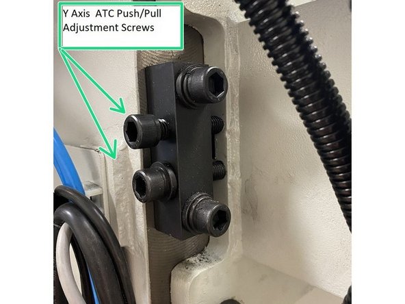 Install the taper and ring tools of the 3 piece alignment tool set into the spindle and carousel. Adjust the carousel in the Y axis by adjusting either the push or pull screw for the Y Axis until the gauge pin slips into both the ring and taper tools with little to no resistance.
