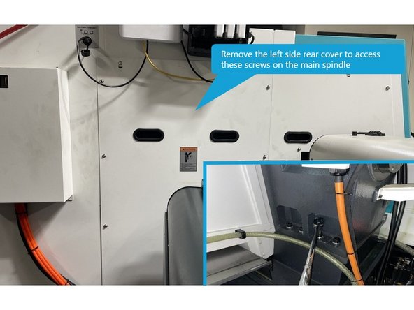 To adjust the main spindle you need to loosen the screws attaching the spindle to the main casting. To do this you will need a long 1/2 drive ratchet and a stubby 14mm hex driver socket. Loosen all 10 screws and then retorque to 60 in-lbs (70 kgf.mm). Photos 1 and 2 show the screw locations.