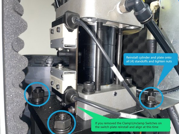 Reinstall the Clamp\Unclamp Cylinder with new Air Cylinder Kit onto the (4) large standoffs. Tighten the mounting nuts securely.