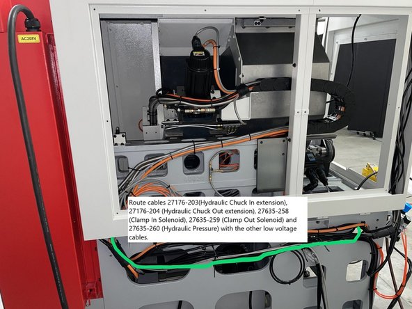 Next route the Hydraulic chuck in and out cables (27176-203 and 27176-204), the clamp in and clamp out solenoid cables (27635-258 and 27635-259) and the pressure switch cable (27635-260) along the side of the casting with the other low voltage cables and leave outside of the casting for now.