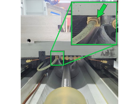 Make sure the flat of the ball nut is facing down. Install the (5) M8 SHCS bolts into Ball Screw flange to yoke and torque to 25 ft.-lbs. Turn machine on and cycle the lube pump several times to verify no leaks at fittings and way lube is oiling the bearing blocks and guide rails.
