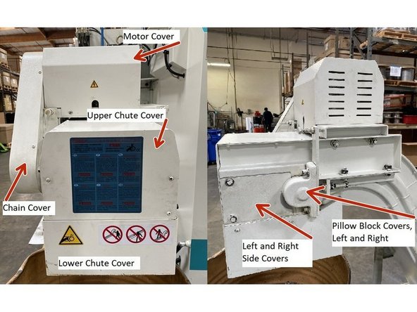 To access the belt on the Fonge X Conveyor you need to remove the chain cover, motor cover, upper and lower chute covers, and the left and right side covers.