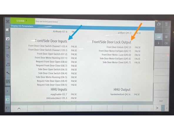 Scroll down to "Front/Side Door Inputs" or "TC820LTY Inputs", from here you can press the open/close button on the control panel to move the Auto Door to the open and closed positions and verify that the inputs to the Siemens change from false to true and back when opening and closing the door.