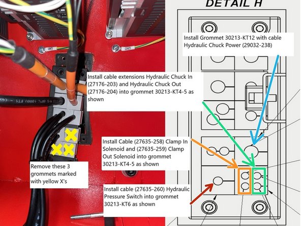 Remove the screws that hold the grommet adapter plate in place and remove the 3 grommets marked with Yellow X's in Photo 1. Next install cable 27635-260 into grommet 30213-KT6 and put into the grommet adapter plate as shown in Photo 1. (red arrow)