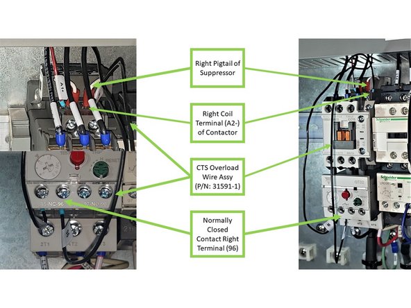 Connect the Left Pigtail of the Suppressor and the Red Wire of the P36-OUT CTS Cable together on the left coil terminal (A1+) of the Contactor.