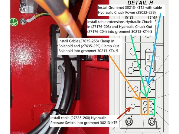 Install 4 cables into grommet 30213 -KT4-5 such that the thinner cables go in first (27635-258 Clamp In Solenoid and 27635-259 Clamp Out Solenoid) then the thicker cables (27176-203 Hydraulic Chuck In Extension and 27176-204 Hydraulic Chuck Out Extension).