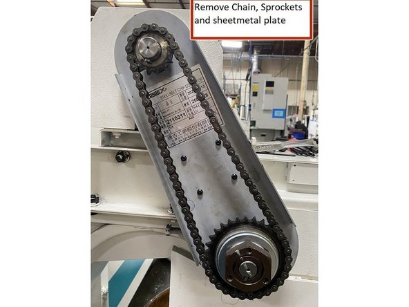 Locate the set screws in the motor and drive sprockets (2 per sprocket) and remove the sprockets and woodruff keys from the motor and drive shafts. Remove the sheet metal panel that was behind the motor and drive sprockets.