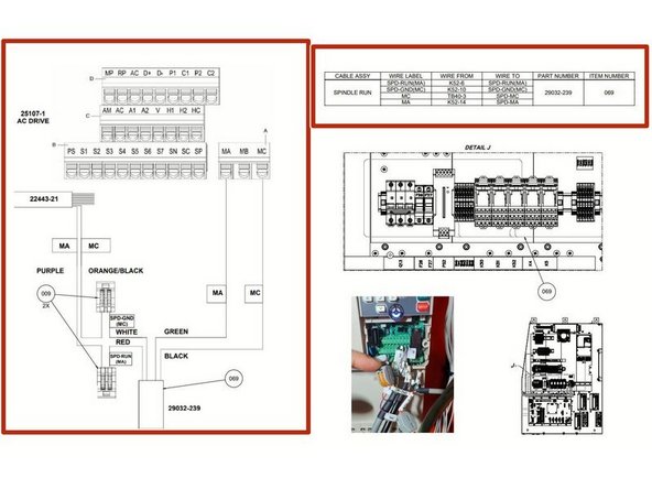 Locate cable 29032-239 and route it up to the AC Drive. Remove wires MC and MA from the AC Drive. Use drawing (35090) and wire chart in Photo 1 to connect cable 29032-239 to the AC Drive.
