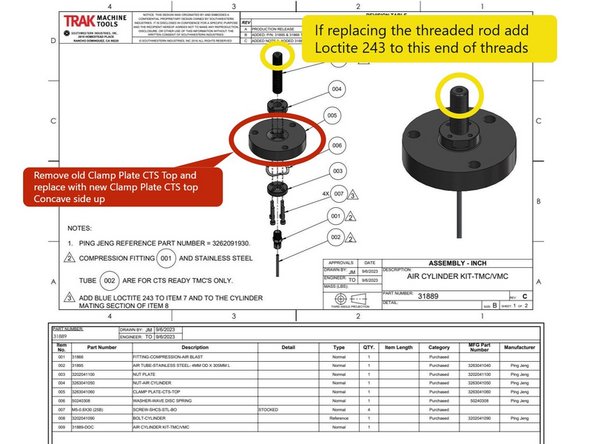 If replacing the threaded rod, apply Blue Loctite 243 to the end that threads into the clamp/unclamp cylinder (left-hand thread) then reinstall clamp nut and tighten. See Yellow Balloon in Photo 3.