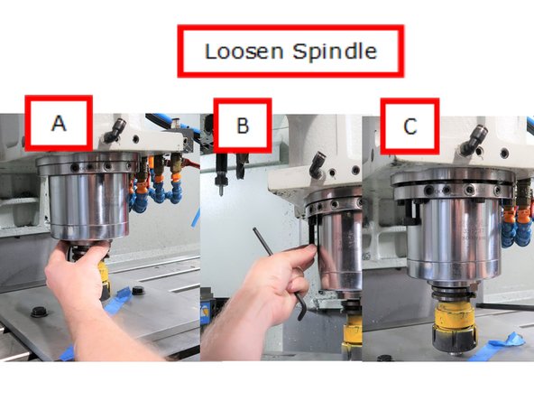 Clean the nose of the spindle to prepare for lowering into spindle replacement tool. Install spindle tool LOOSE to allow for slight position adjustment. Lower spindle until fully seated. Tighten table bolts on tool.
