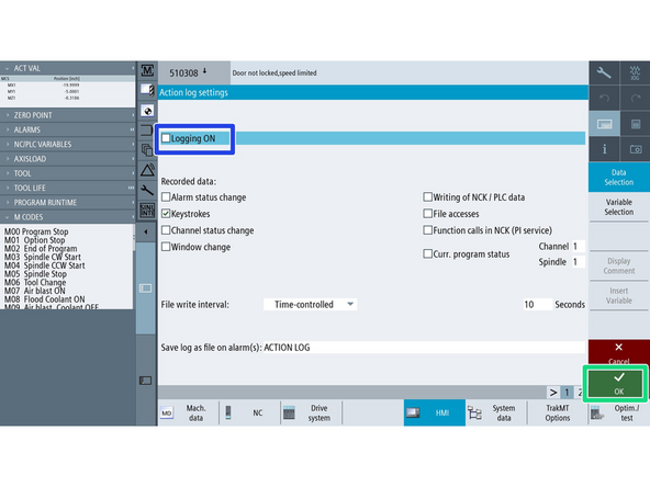 [Setup] → [HMI] → [Diagnostics] → [Action Log]