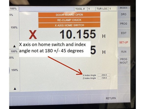 To adjust the index angle, home the machine and enter service code 505. Move the X axis up slowly until the X Home switch banner is illuminated. Check the index angle , if it isn't 180 +/- 45 it needs to be adjusted.