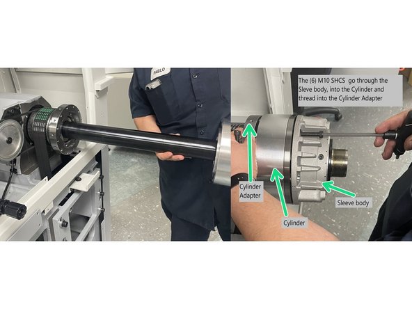 Once the draw tube is installed to the hydraulic cylinder, install the assembly into the spindle using six(6) M10-1.5X90 SHCS screws and snug them for now.