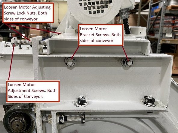 With the covers removed loosen the motor bracket and motor adjustment lock nuts on each side of the conveyor. Loosen the adjustment screws and push the motor towards the adjustment screws to release the tension from the chain.