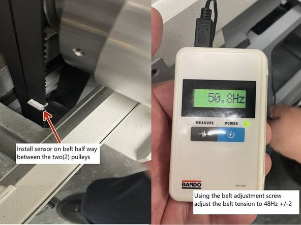 If the belt needs to be adjusted tighten or loosen the adjustment screw until 48Hz +/-2 is achieved. Tighten the motor mounting bracket screws and check again to insure the tension didn't change when the screws were tightened.