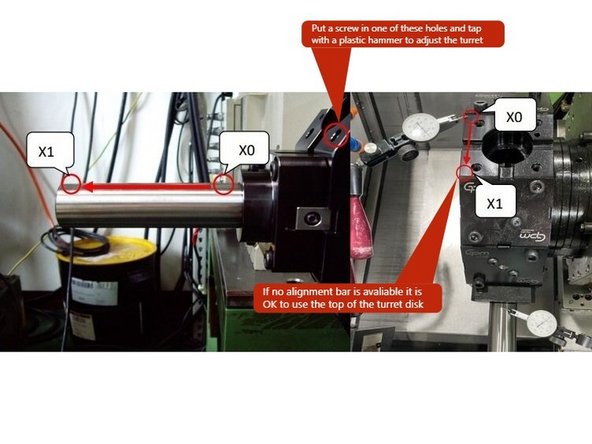 To align the turret disk, set up a dial indicator with a mag base on the tailstock slideway.