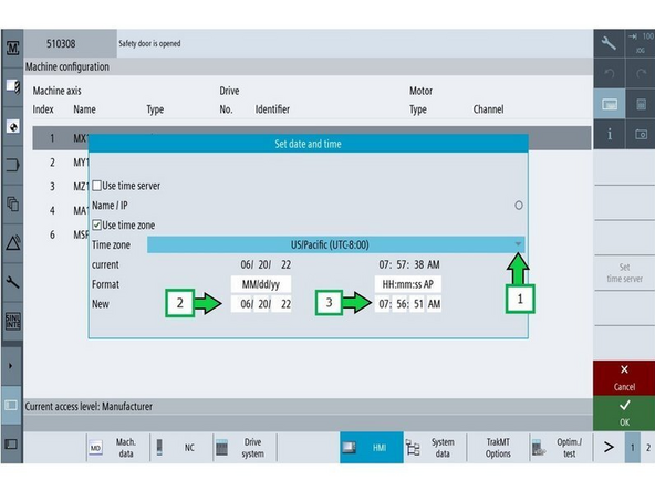 To set Date and Time: Go to [Setup] → [HMI] → [Date time].