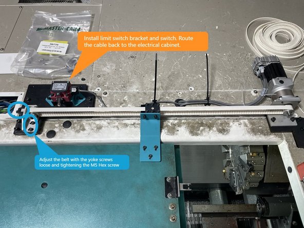 Open the door all the way and install Bando belt tension meter at the center of the belt travel. Adjust the tension to 50Hz +\- 3Hz with the (2) M5 socket head screws on the bracket loose and tightening the M5 hex head screw. If you cannot get the belt tension to 50Hz you may need to shorten the belt 1 or 2 teeth.