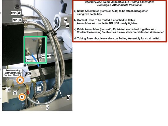Attach elbow (item 20) to coolant manifold and then attach coolant hose with shutoff valve (item 18) to elbow.