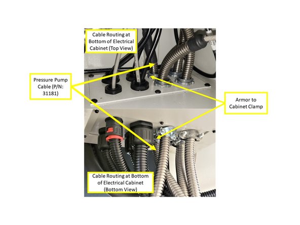 Remove the Clamp Nut, and guide the cable into cabinet through its designated hole, as shown in the second image on the left. Reinstall the clamp nut and tighten.