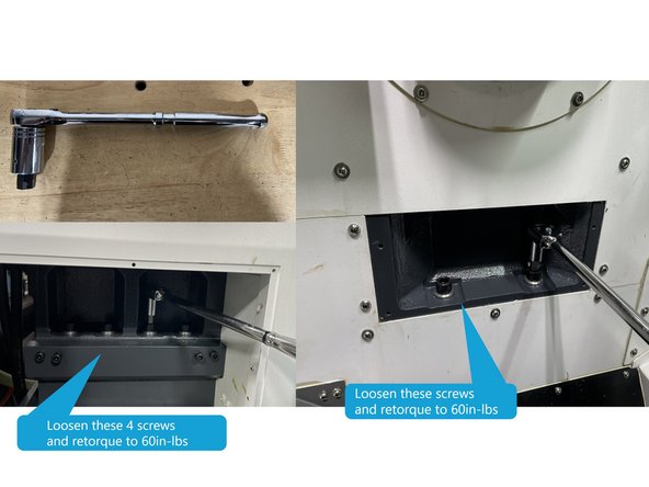 To adjust the main spindle you need to loosen the screws attaching the spindle to the main casting. To do this you will need a long 1/2 drive ratchet and a stubby 14mm hex driver socket. Loosen all 10 screws and then retorque to 60 in-lbs (70 kgf.mm). Photos 1 and 2 show the screw locations.