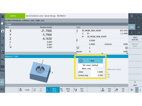 Set up the probe at the center of the platter, just below the top surface, as shown in the screenshot for X &amp; Y axis center offset measurement.