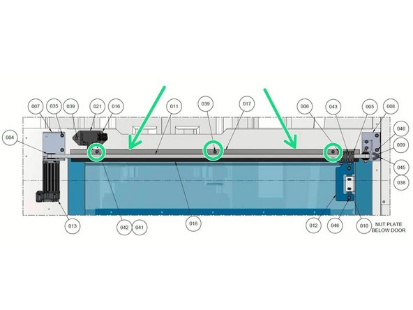 Next install the Brush P/N 36169 and Brush Holder P/N 36168-1 to the machine with (3) M5-0.8X12 SHCS so that the brush is under the door drive belt. (Locations circled in green in Photo 2)