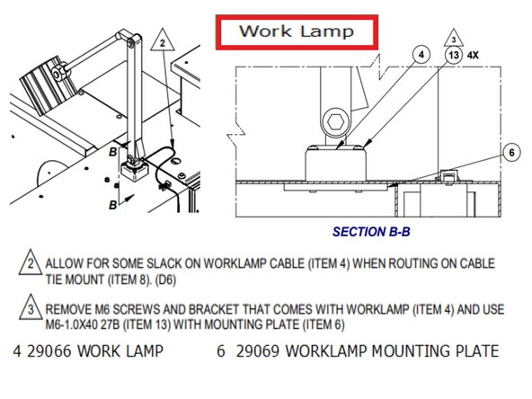 Work Lamp Details, Section B-B shows the plate installation.  Notes explain replacing the supplied bolts with ones that fit the mounting plate as well as leaving slack in the wiring for lamp movement.