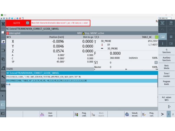 Select the &quot;KIN_CORRECT_GCODE_SWIVEL&quot; program from the work directory.
