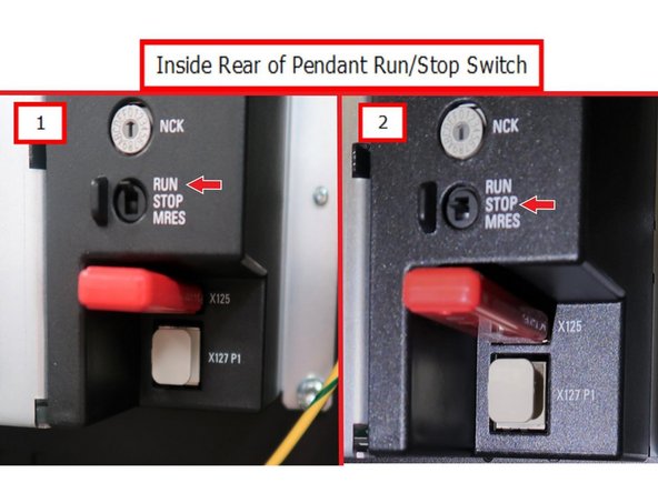 Power off machine. Remove pendant rear cover. Insert USB at the rear of the pendant below the switch. Move the switch from [RUN] to [Stop]. Power up machine. Click the down arrow and select one based on machine model: