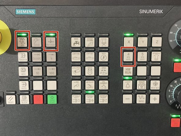 The 4th Axis must be referenced after installation. Begin by pressing [Jog] [Ref Point] and [4th Axis] buttons on the MCP.