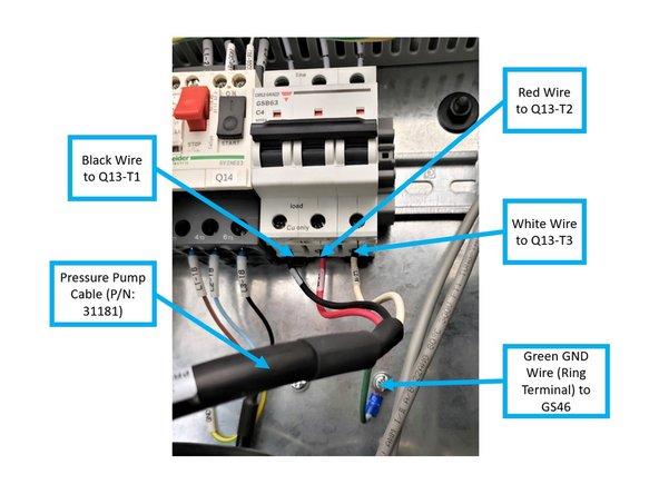 Install the Pressure Pump Cable's three (3) Power Wires and Ring Terminal to the Q13 Circuit Breaker via the following designations (please see second image on the left):