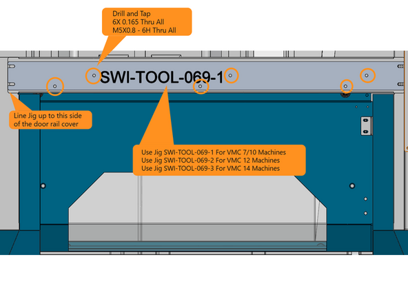 Next using Jig SWI-TOOL-069-1 for VMC 7/10, SWI-TOOL-069-2 for VMC12, or SWI-TOOL-069-3 for VMC 14 machines, drill and tap the 3 holes used to mount the brush, and the 3 holes for mounting the cable tie holders for the motor and switch cables.  Drill all holes 0.165&quot; and tap M5. See photo 1