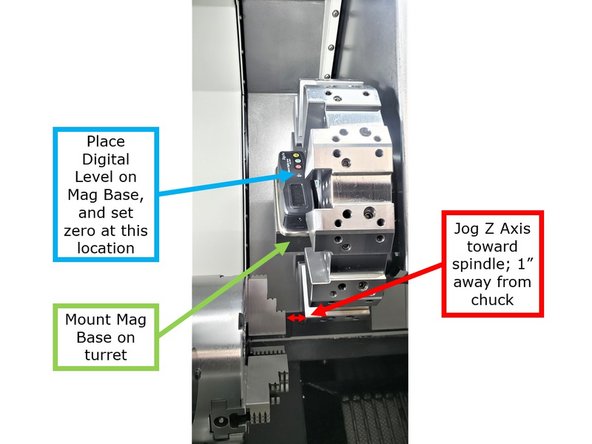 Begin leveling the turning center from the inside of the machine: