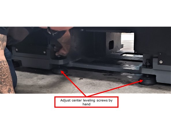 Once the machine's level meets the required tolerance, lower the four (4) center leveling screws onto the pads by hand, and then use a wrench to tighten each screw by only 10°.
