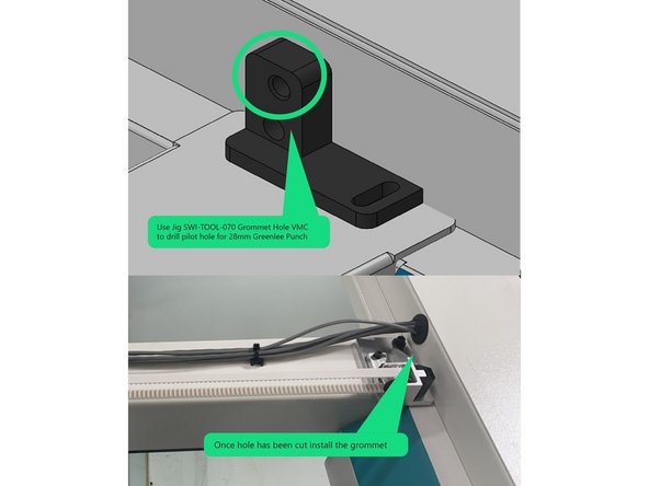 Using Jig SWI-TOOL-070 Mark the pilot hole for the Greenlee punch or similar device to make the grommet hole in the wire channel on the upper right side of the main cabinet. Use a 28 mm (1.102&quot;)Greenlee punch or similar device to make the hole. Install the 28mm grommet(26779-5) that the motor and home switch cables route through.  See Photo 2.