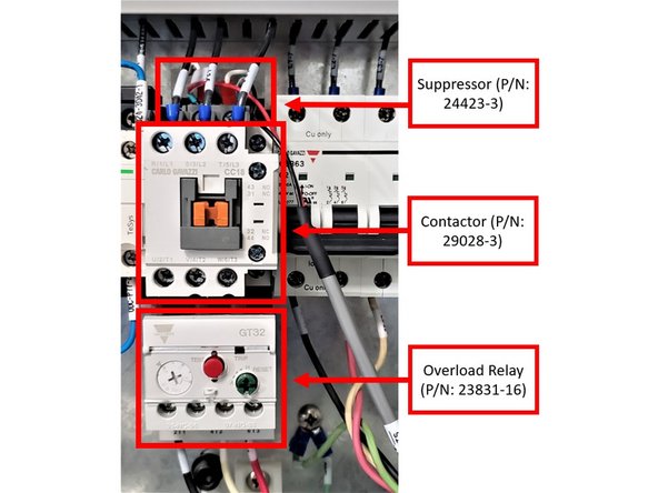 The CTS setup in the electrical cabinet will consist of the Contactor (P/N: 29028-3), the Suppressor (P/N: 24423-3), and the Overload Relay (P/N: 23821-16). Please see first image on the left for reference.