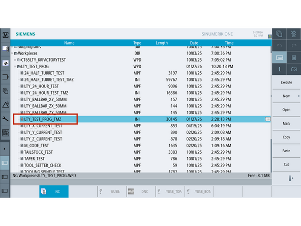 Open the Workpiece folder. Select any subfolder or program inside Workpiece.