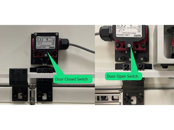 Mount the Door Closed limit switch 22551-28 to the spacer on the upper rail mounting plate near the center of the door opening. Install the Door Open limit switch 22551-27 to the spacer on the upper rail mounting plate near the motor. Use (2) M4-0.7 X 25 SHCS with serrated and flat washers per limit switch assembly. See Photo 2