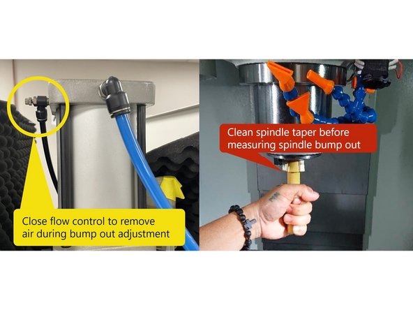 Prior to adjusting the spindle bump out, the through spindle air needs to be turned off so that the air pressure doesn't give a false reading during the bump out measurement. Locate the air Flo Control valve on the top of the Clamp/Unclamp cylinder and close it to remove the air pressure.  See Photo 1