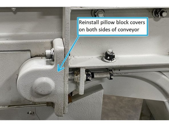 Reinstall the pillow block covers on both sides of the conveyor.