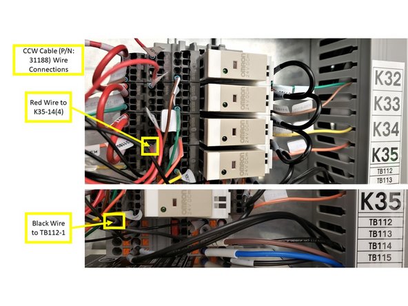 From the Left Wire Way, connect the Red Wire to K33-14(4), as shown on the second image on the left.