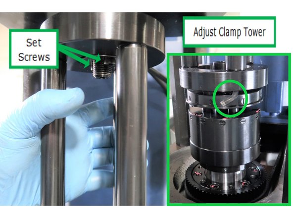 Adjust height of the clamp tower by placing 5 mm hex wrench under it, and tighten the two set screws on top. Add nut with left hand threads to the clamp shaft, loosely installed to the clamp tower. Adjust the height by screwing the tower up/down, and tighten. Replace four nuts and washers on the tool clamp cylinder.