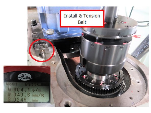 Reinstall and/or tighten belt using Gates Sonic Tension Meter 507C to 113 Hz by adjusting both tensioners. Tighten four M12 motor bolts to 50 ft./lbs.