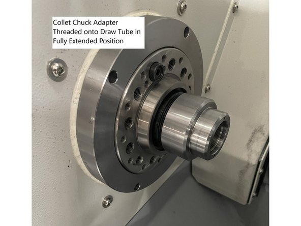 To install the collet chuck clean the draw tube and collet chuck adapter threads thoroughly. Make sure the draw tube is in the fully extended position. Apply a light coat of lithium grease or anti-seize to the draw tube threads.