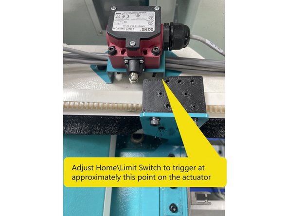 Adjust the switch so that it triggers at about the mid point of the switch actuator on the belt clamp bracket. See Photo 3