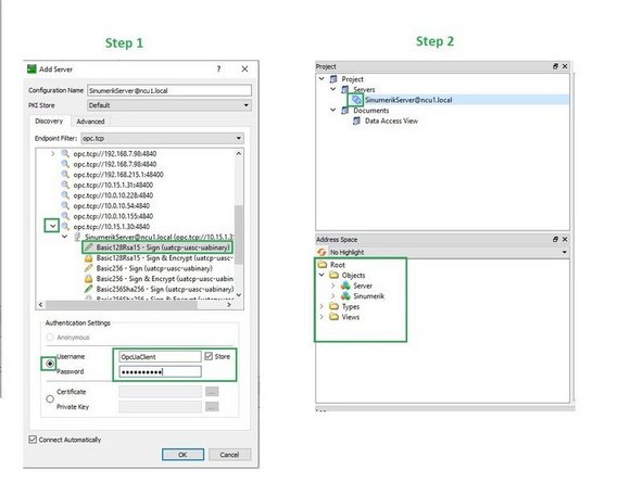 After entering the IP address of the control, expand the arrow on the left, select Basic 128Rsa15- Sign (uatcp-uasc-uabinary). Select Username and Password field, enter OpcUaClient as user name and TRAKmt2021 as a password, check Store box and press OK. You will see closed plug icon under Server and few folders at the bottom of the screen.
